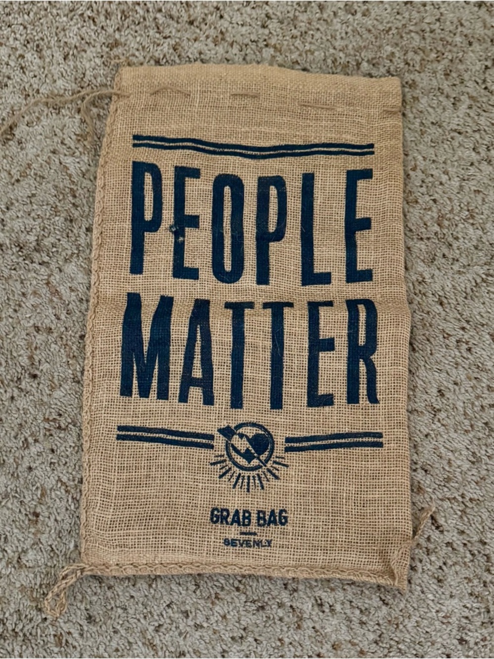 People Matter Burlap Grab Bag with Navy Print